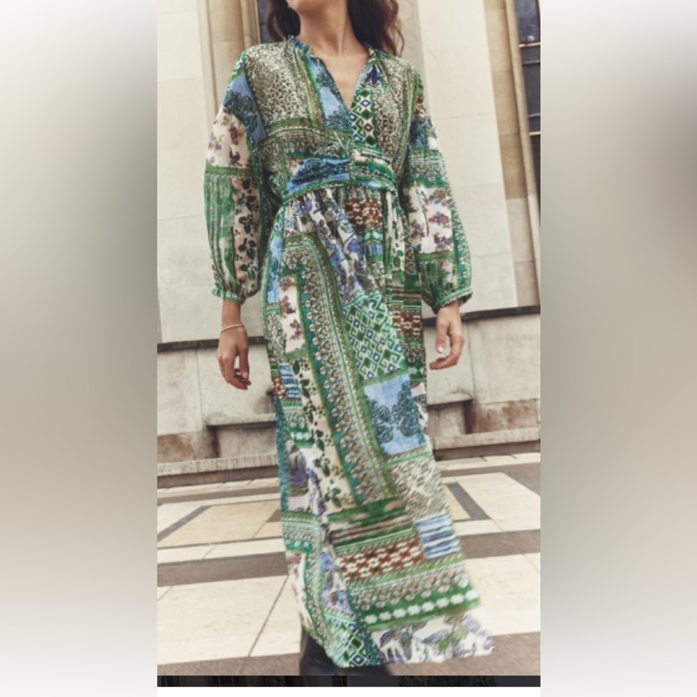 Zara green patchwork printed maxi dress